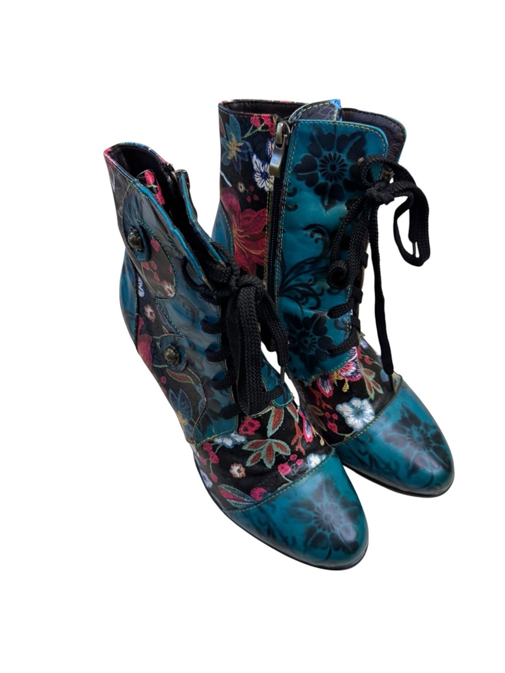 Socofy Boho Floral Priint Lace-up Leather Boots Size 9-9.5 (40) Art to Wear
